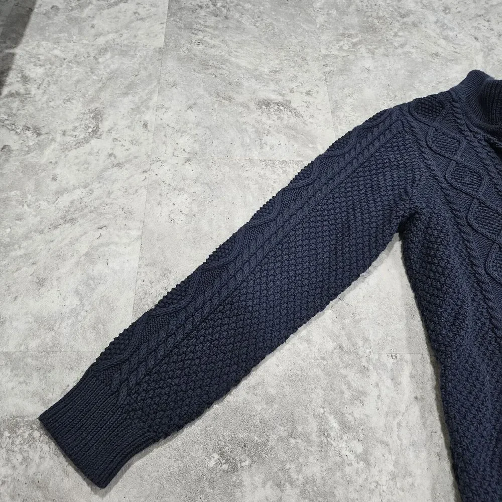 LL Bean Signature Fisherman Button Henley Sweater Blue‎ Cable Knit MENS XL Mock